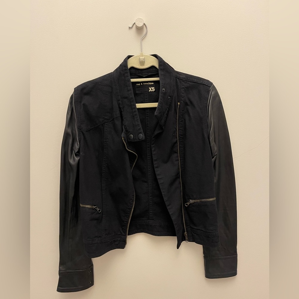 rag & bone Denim Moto Jacket with Leather Sleeves, Black, Extra Small